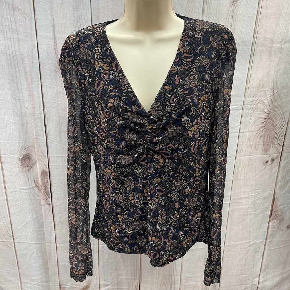Evereve Womens Mesh Ruched V-Neck Long Sleeve Floral Paisley Top Brown Navy M